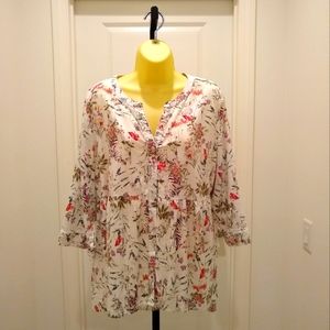 JNY Jones New York Blouse Cream Pink Floral Green Button Up V-Neck XL